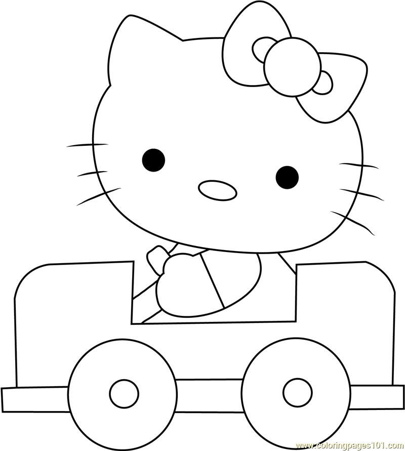 Hello Kitty Driving a Car Coloring Page - Free Hello Kitty Coloring