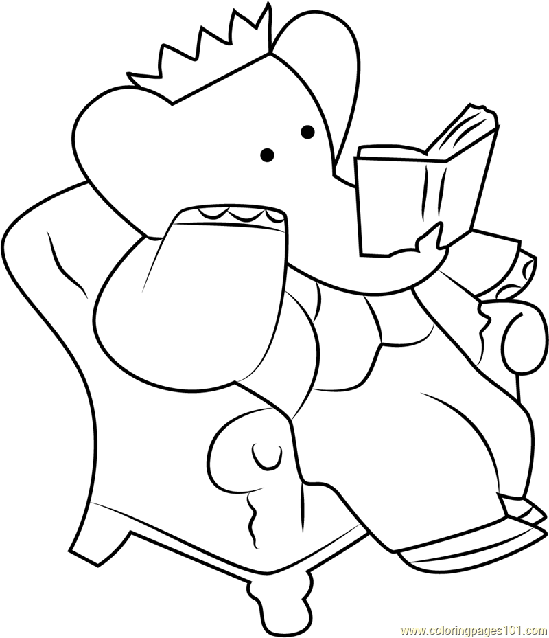 King Babar reading a Book Coloring Page - Free Babar ...