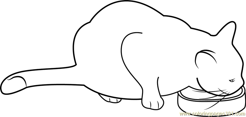 Cat Eating her Food printable coloring page for kids and adults