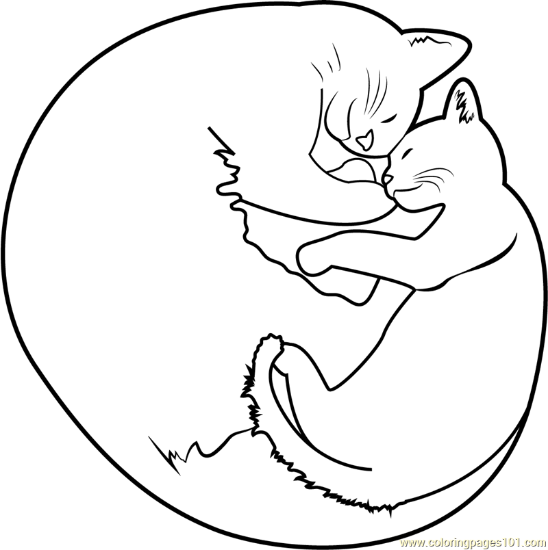 Cute Kitten Sleeping with Mom Cat Coloring Page - Free Cat Coloring