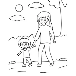 Mom and Son Walking Free Coloring Page for Kids