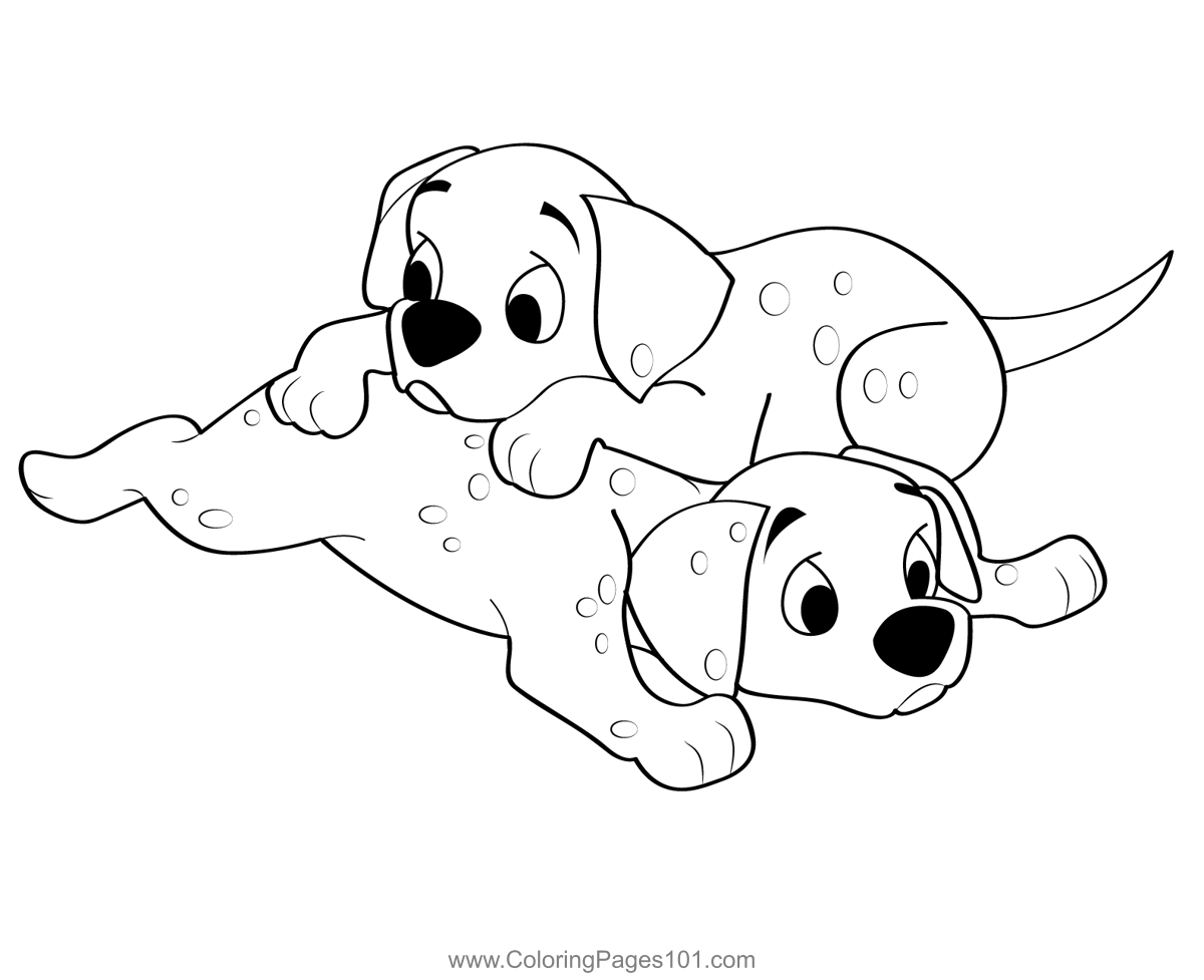Two Puppy Sitting Coloring Page for Kids - Free 101 Dalmatians