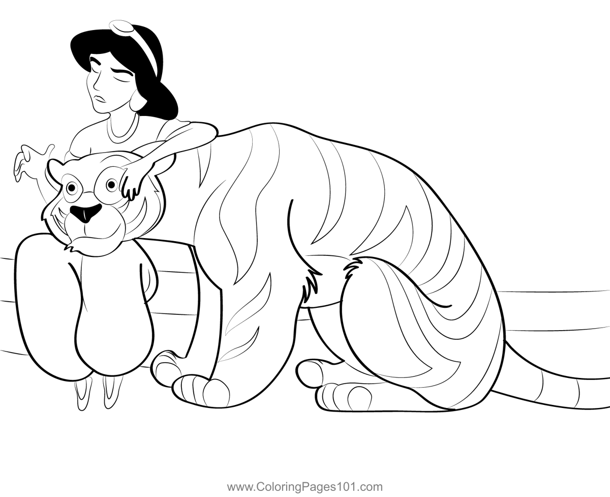Jasmine And Tiger Coloring Page for Kids - Free Aladdin Printable