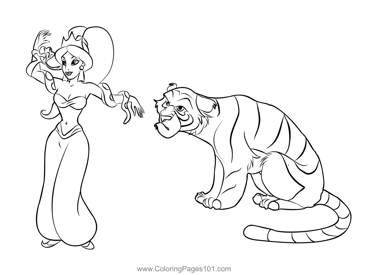 Jasmine With Tiger Coloring Page for Kids - Free Aladdin Printable