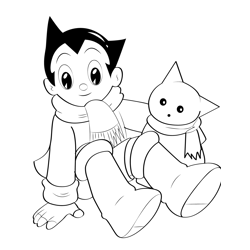 Astro Boy Sitting With Snow Cat Free Coloring Page for Kids