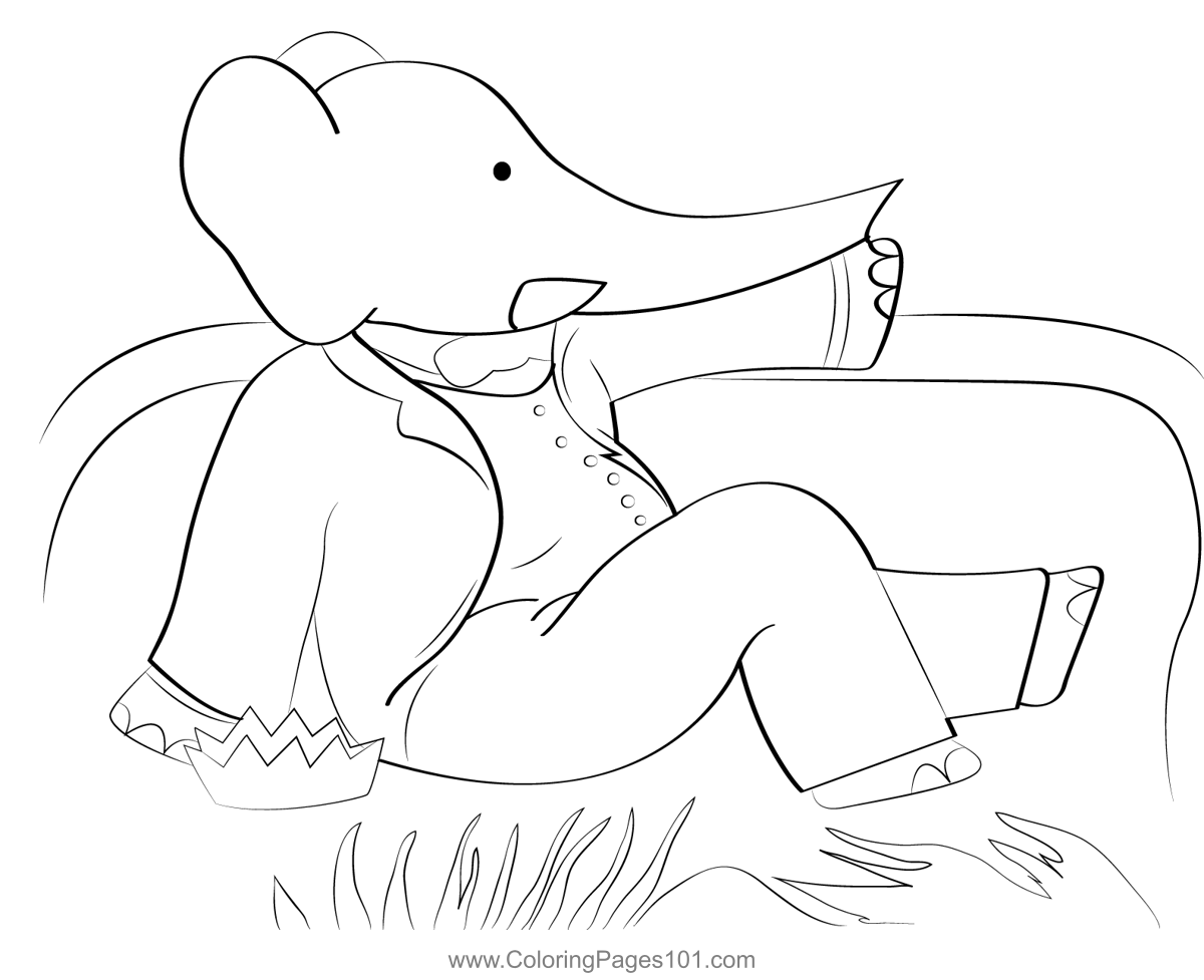 Babar Prince Sitting On Grass Coloring Page for Kids - Free Babar and