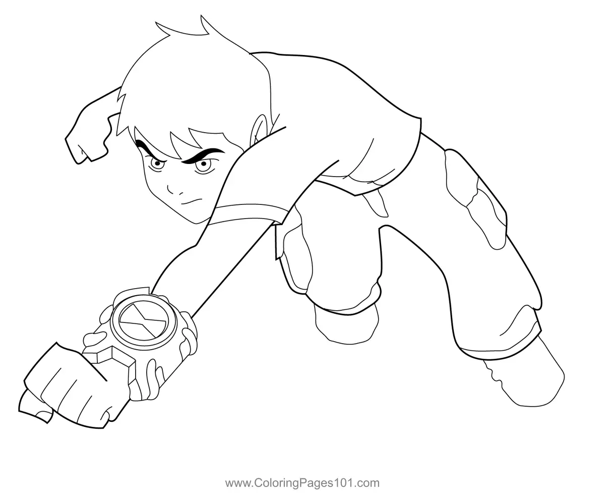 Jumping Ben Coloring Page for Kids - Free Ben 10 Printable Coloring ...