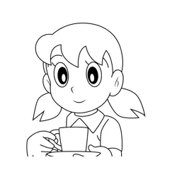 Shizuka Drinking Tea Doraemon Free Coloring Page for Kids