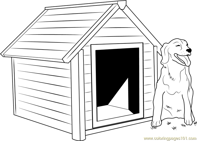 Dog House with Dog Outside Coloring Page for Kids - Free Dog House