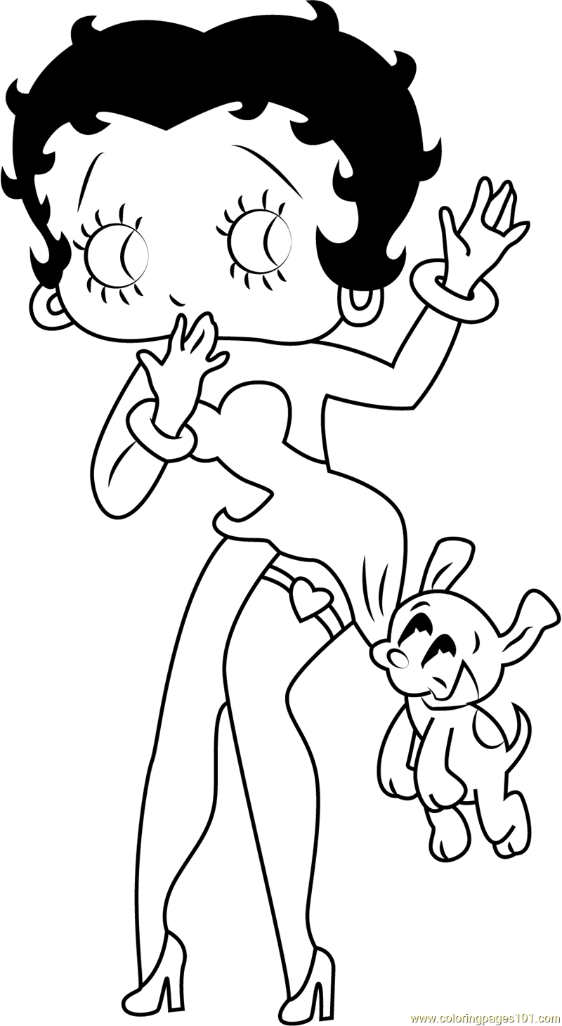 Betty Boop with her Little pet Coloring Page for Kids - Free Betty Boop