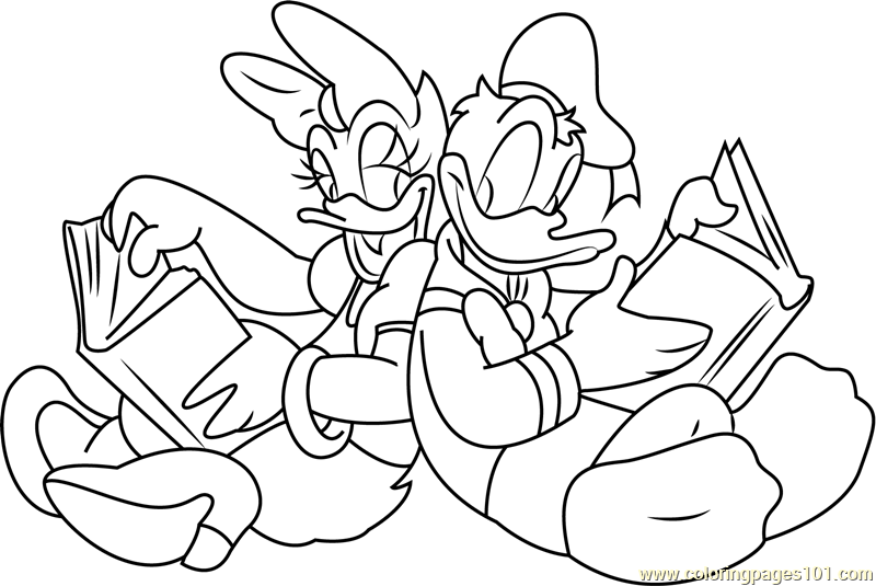 Donald and Daisy Reading a Book Coloring Page for Kids - Free Donald