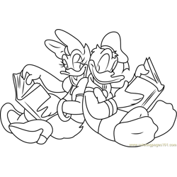 Donald and Daisy Reading a Book Free Coloring Page for Kids