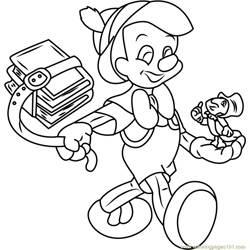 Pinocchio with Books Free Coloring Page for Kids