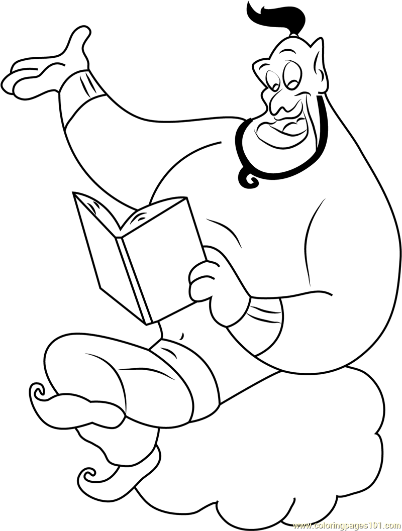 Genie Reading Book Coloring Page for Kids   Free Aladdin Printable ...