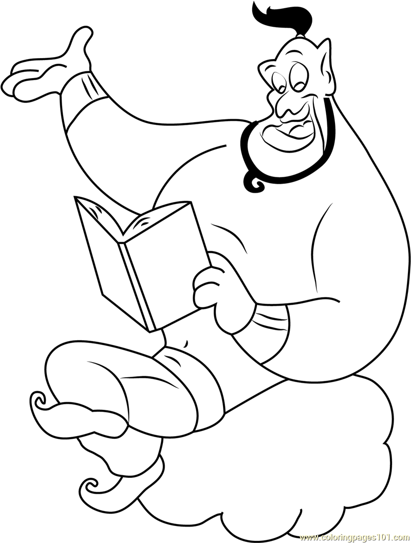 Genie Reading Book Coloring Page for Kids - Free Aladdin Printable