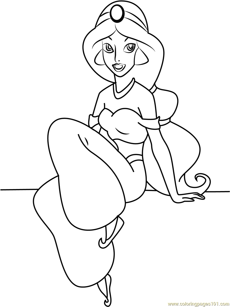 Princess Jasmine Sitting Down Coloring Page for Kids - Free Aladdin