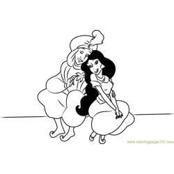 Aladdin and Jasmine Sitting Together Free Coloring Page for Kids