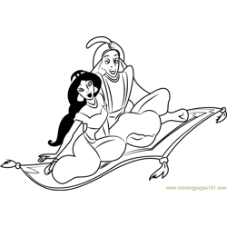 Aladdin and Jasmine on Carpet Free Coloring Page for Kids