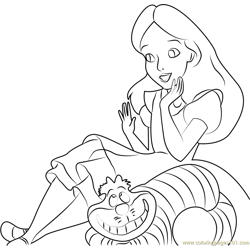 Alice with Cheshire Cat Free Coloring Page for Kids
