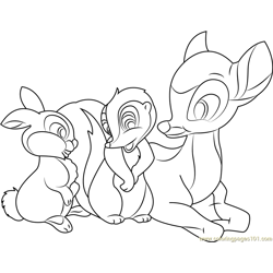 Bambi Sitting with Rabbit and Squirrel Free Coloring Page for Kids