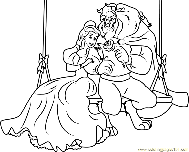 Beauty and the Beast Sitting on Wooden Swing Coloring Page for Kids