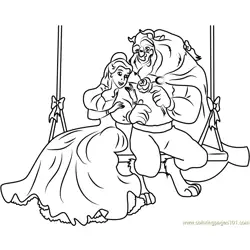 Beauty and the Beast Sitting on Wooden Swing Free Coloring Page for Kids