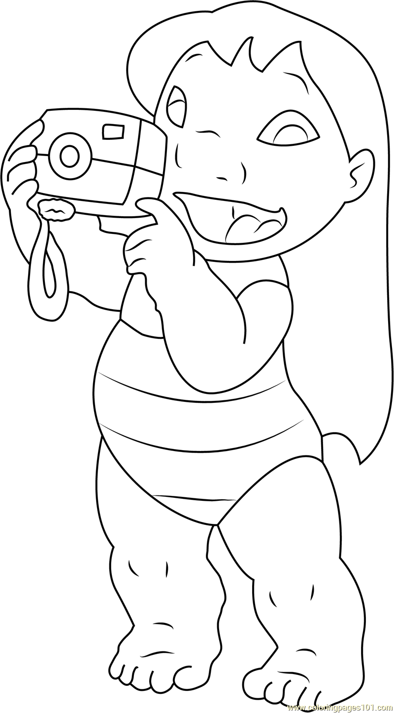 Lilo with Camera Coloring Page for Kids - Free Lilo & Stitch Printable