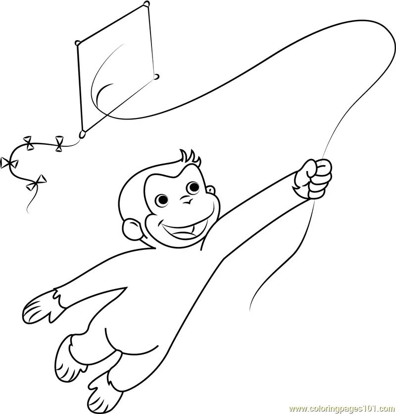 Curious George Playing a Kite Coloring Page for Kids - Free Curious ...