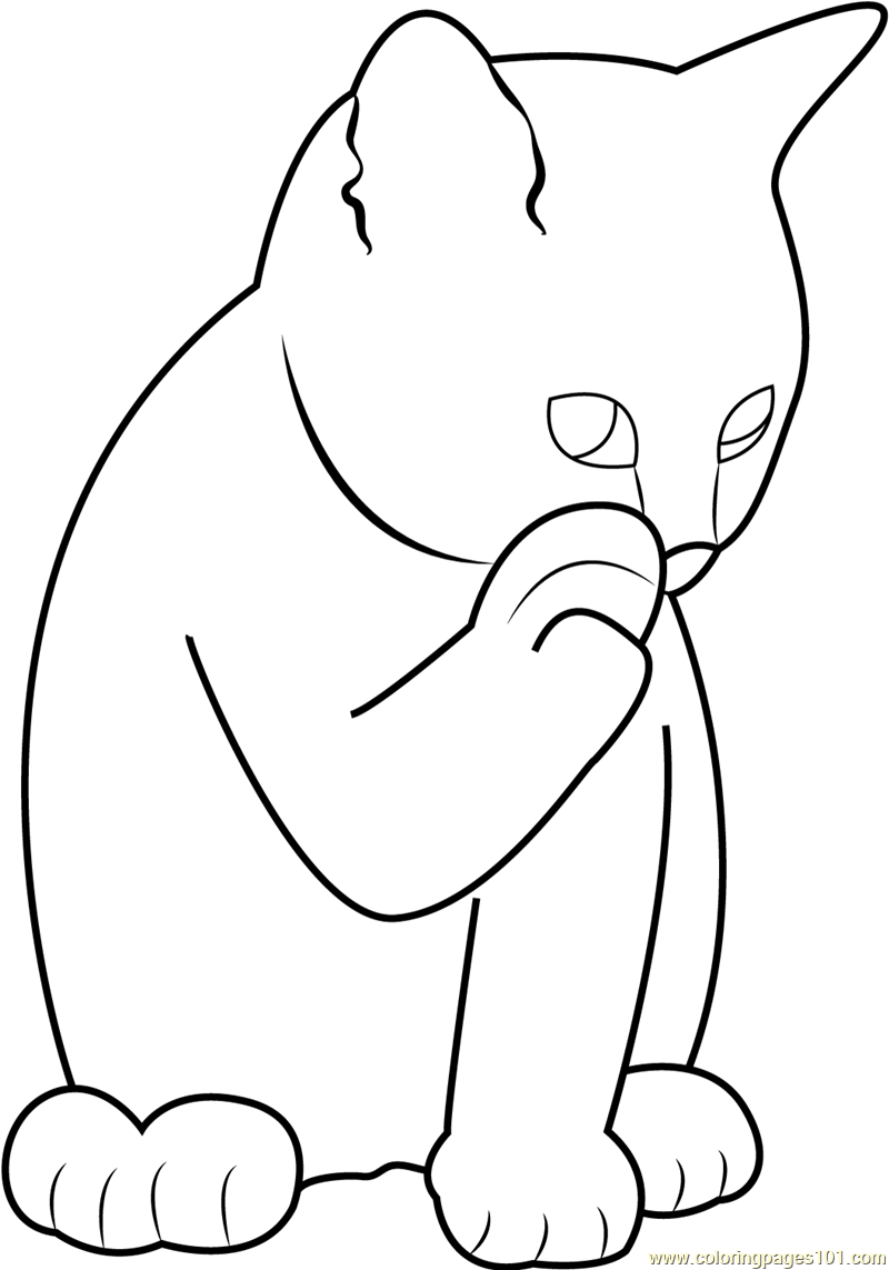 Ginger Cat Licking its Paw Coloring Page for Kids - Free Cat Printable