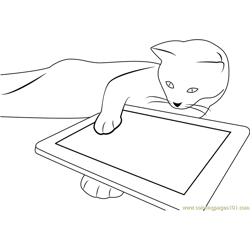 Cat is Playing with Tab Free Coloring Page for Kids