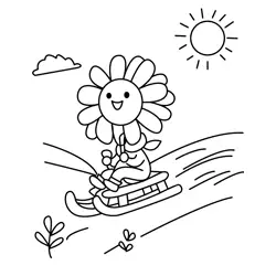 Smiling Flower Sledding Adventure Free Coloring Page for Kids