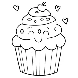 Smiling Cupcake with Hearts Free Coloring Page for Kids