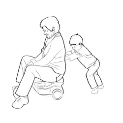 Child Pushing Grandmother Free Coloring Page for Kids