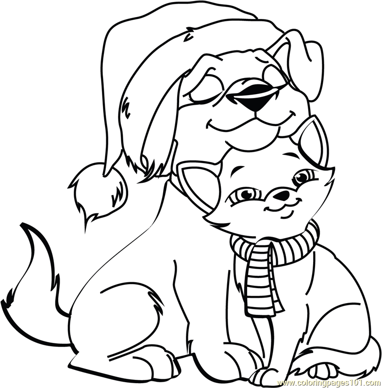 Christmas Cat and Dog Coloring Page for Kids - Free Christmas Animals