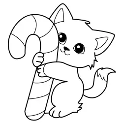 Cute Kitten Hugging Candy Cane Free Coloring Page for Kids