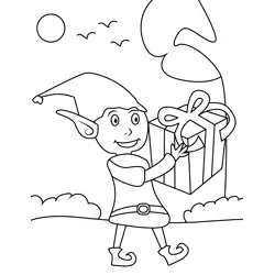 Elf With Gift Free Coloring Page for Kids