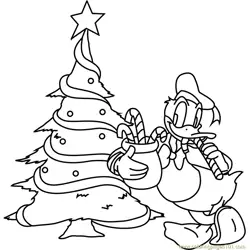 Donald Duck with Christmas Tree Free Coloring Page for Kids