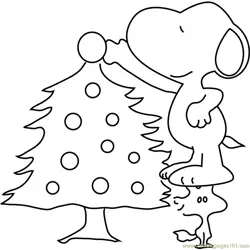 Snoopy Decorating Christmas Tree Free Coloring Page for Kids