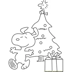 Snoopy with Christmas Tree Free Coloring Page for Kids