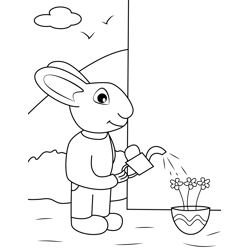 Rabbit Watering Flowers Free Coloring Page for Kids