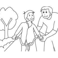 Dad Teaching Bicycle to His Son Free Coloring Page for Kids