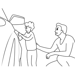 Dad and Son Washing Car Free Coloring Page for Kids