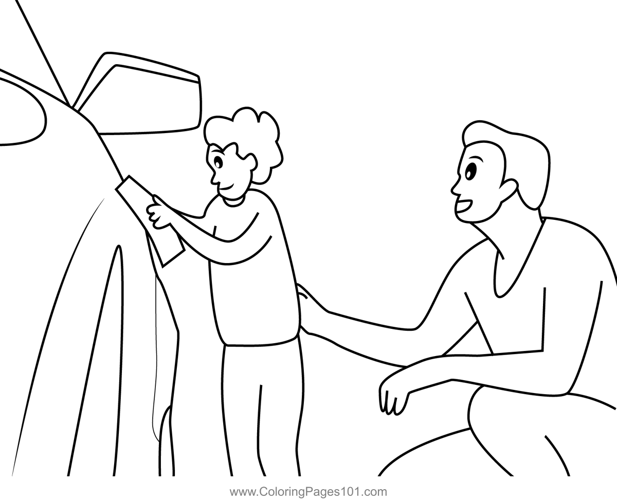 Dad and Son Washing Car Coloring Page for Kids Free Father’s Day