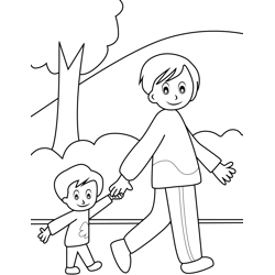 Father And Son Walking in Park Free Coloring Page for Kids