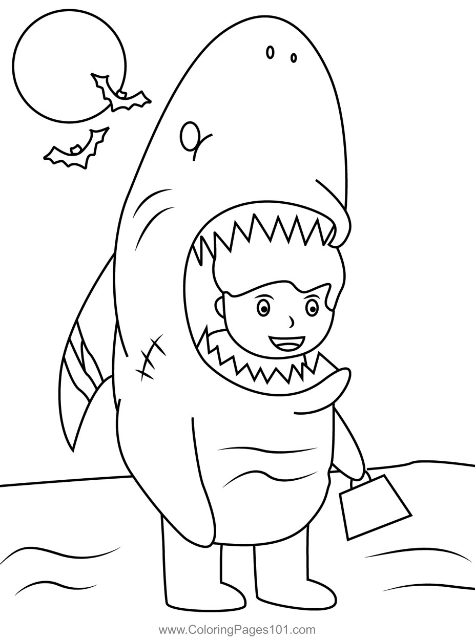 Boy In Shark Costume Coloring Page for Kids - Free Halloween Printable