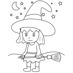 Witch Girl With Broom Free Coloring Page for Kids