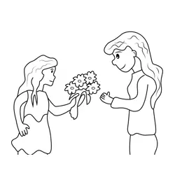 Girl Giving Bunch of Flowers to Mom Free Coloring Page for Kids