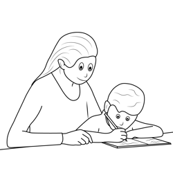 Mom Helping Son with Homework Free Coloring Page for Kids