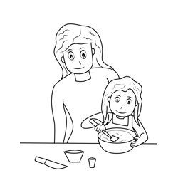 Mom Teaching Daughter Cooking In Kitchen Free Coloring Page for Kids