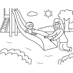 Mom and Son Playing on the Slide Free Coloring Page for Kids